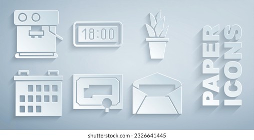 Set Certificate template, Plant in pot, Calendar, Envelope, Digital alarm clock and Coffee machine icon. Vector