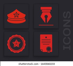 Set Certificate template, Police cap with cockade, Fountain pen nib and Police badge icon. Vector