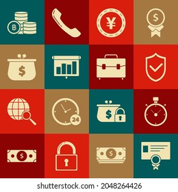 Set Certificate template, Presentation financial board graph, schedule, chart, diagram, infographic, pie graph, Wallet dollar, Cryptocurrency coin Bitcoin and Briefcase icon. Vector