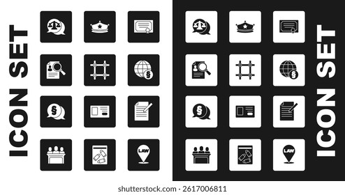 Set Certificate template, Prison window, Paper analysis magnifying, Scales of justice, International law, Police cap with cockade, Document and pen and Law icon. Vector