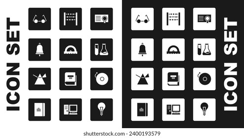 Set Certificate template, Protractor, Ringing bell, Glasses, Test tube and flask, Abacus, alarm and Light rays prism icon. Vector