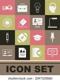 Set Certificate template, Push pin, Table lamp, Light bulb with idea, Eraser or rubber, Atom, Movie, film, media projector and Online class icon. Vector