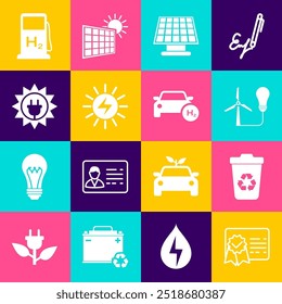 Plantilla del certificado del sistema, papelera de reciclaje con el reciclaje, turbina eólica de la bombilla, panel de energía solar, estación de llenado de hidrógeno e icono del coche. Vector