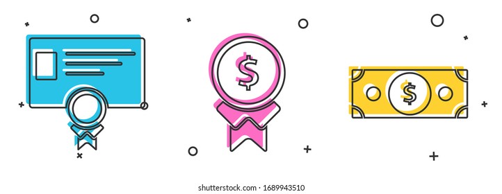 Establecer plantilla de certificado, Recompensar por buen trabajo y Almacenar el dinero en papel icono de efectivo. Vector