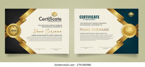 Set certificate template with ribbon stripes ornament and modern texture pattern background. Diploma. Vector illustration for other users