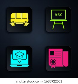 Set Certificate template, School Bus, Graduation cap on screen laptop and Chalkboard. Black square button. Vector