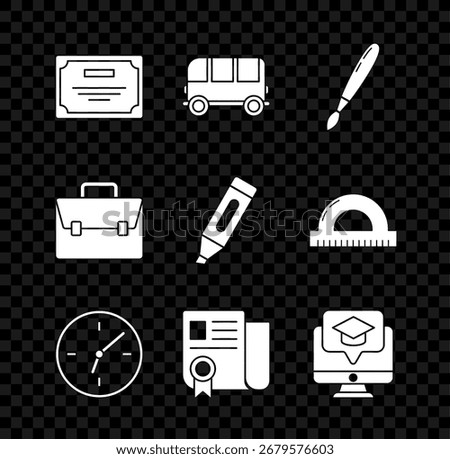 Set Certificate template, School Bus, Paint brush, Clock, Monitor with graduation cap, Briefcase and Marker pen icon. Vector