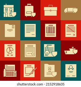 Set Certificate template, Ship with shield, Delete file document, Briefcase, Document, Personal folder, House and Report icon. Vector