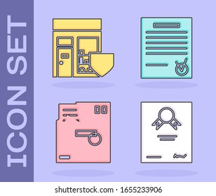 Set Certificate template, Shopping building with shield, Ordered envelope and Confirmed document and check mark icon. Vector