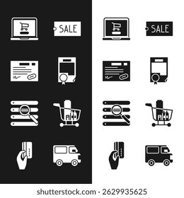 Set Certificate template, Shopping cart on laptop, Price tag with text Sale, Search browser window, and food, Delivery cargo truck vehicle and Hand holding credit card icon. Vector