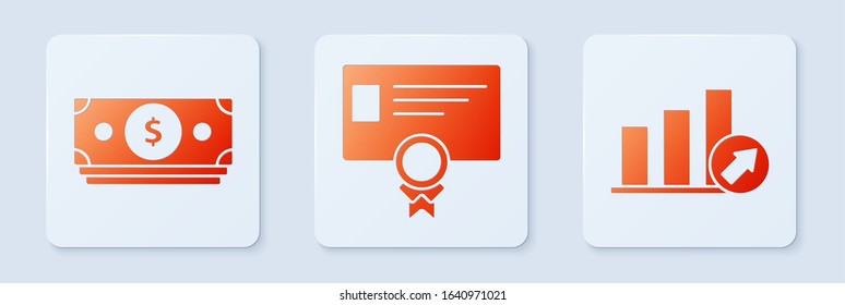 Set Certificate template, Stacks paper money cash and Presentation financial with graph, schedule, chart, diagram, infographic, pie graph. White square button. Vector