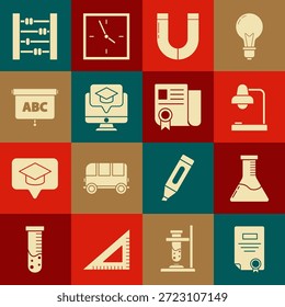 Plantilla del certificado, laboratorio químico del tubo de ensayo y del frasco, lámpara de mesa, imán, monitor con el casquillo de la graduación, pizarra, ábaco e icono. Vector