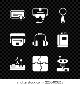 Set Certificate template, Virtual reality glasses, Magnifying, Gamepad, Piece of puzzle, Robot, Waist bag banana and Headphones icon. Vector