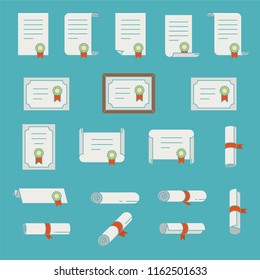 Set of certificate thin line icons. Simple collections scrolls, papers, diploma.