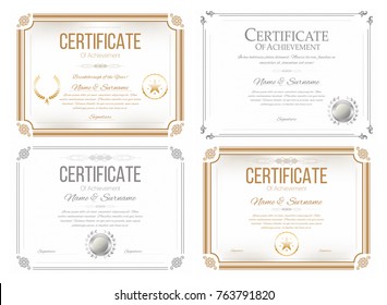 Set of certificates of appreciation. Award certificate, diploma template in retro style. Golden and silver blank templates. Vector