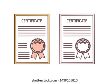 Set of certificates with seal and ribbon isolated on white background. Official document certifying professional or academic achievement. Colorful and monochrome vector illustration in linear style.