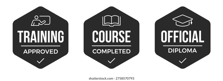 Set of certification badge collection. Training approved,  course completed, official diploma design.