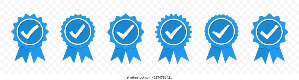 Set of certified or approved blue medal with tick icon
