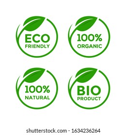 Set of Certified Ecology Concept, Round Leaf Label or Badge Warranty Sign Icon Design Vector