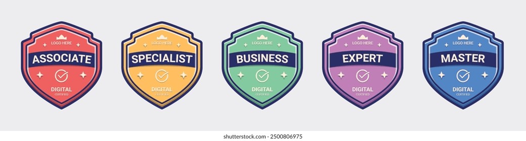 set of Certified logo badge shield design for company training badge certificates to determine based on criteria. collection certify with colorful security vector illustration in flat design