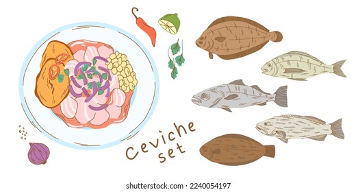 A set of ceviche with fish for cooking and a plate with an appetizer. Fish ceviche with sweet potato