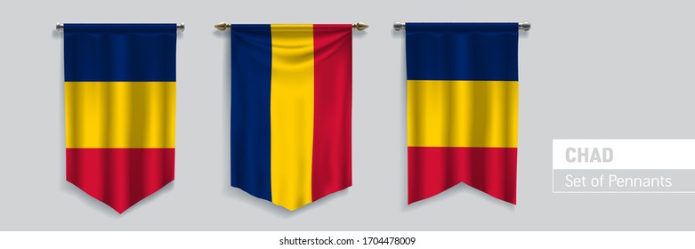 Set of Chad waving pennants on isolated background vector illustration. 3 wavy realistic pennon as a symbol of patriotism