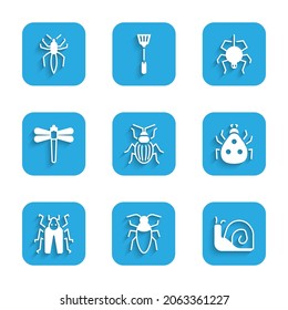 Set Chafer beetle, Cockroach, Snail, Ladybug, Beetle, Dragonfly, Spider and  icon. Vector