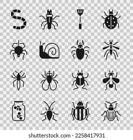 Set Chafer beetle, Insect fly, Mosquito, Fly swatter, Snail, Spider, Worm and Beetle deer icon. Vector