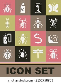 Set Chafer beetle, Snail, Beetle deer, Fireflies bugs in jar, Centipede,  and Ant icon. Vector