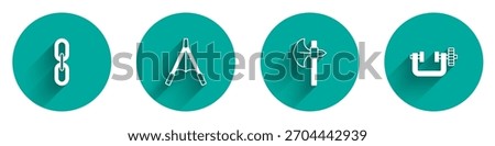 Set Chain link, Air blower bellows, Medieval axe and Clamp and screw tool icon with long shadow. Vector