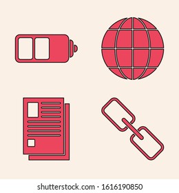 Set Chain link, Battery charge level indicator, Earth globe and File document icon. Vector