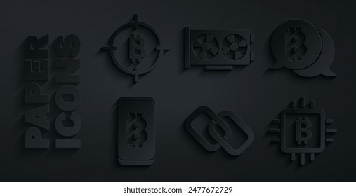 Set Chain link, Bitcoin, Mining bitcoin from mobile, CPU mining farm, Video graphic card and the target icon. Vector