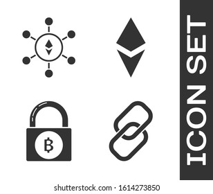 Set Chain link, Blockchain technology Ethereum ETH, Lock with bitcoin and Cryptocurrency coin Ethereum ETH icon. Vector