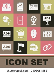 Set Chain link, Browser setting, Advertising, window, Magnifying glass and analysis, Mail e-mail and Map pointer with star icon. Vector