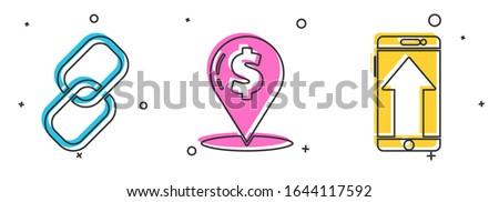 Set Chain link, Cash location pin and Smartphone, mobile phone icon. Vector