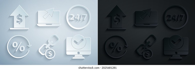 Set Chain link and coin, Clock 24 hours, Discount percent tag, Computer monitor, Laptop cursor and Financial growth icon. Vector
