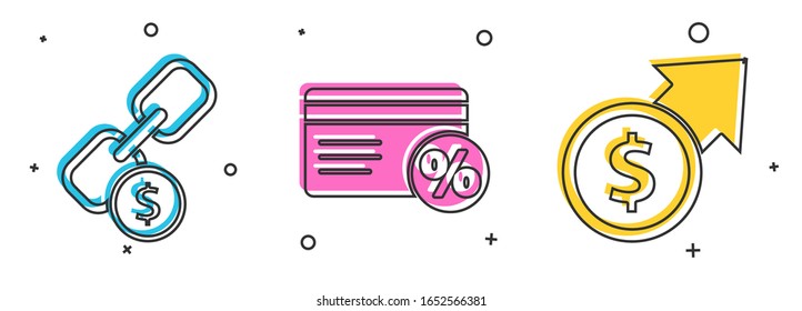 Set Chain link and coin, Discount card with percent and Financial growth and coin icon. Vector