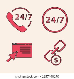 Set Chain link and coin, Telephone 24 hours support, Clock 24 hours and Online shopping on screen icon. Vector