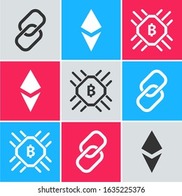Set Chain link, Cryptocurrency coin Ethereum ETH and CPU mining farm icon. Vector