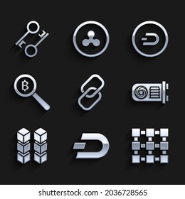 Set Chain link, Cryptocurrency coin Dash, Blockchain technology, Mining farm, Magnifying glass with Bitcoin,  and key icon. Vector