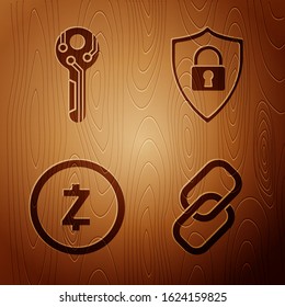 Set Chain link, Cryptocurrency key, Cryptocurrency coin Zcash ZEC and Shield security with lock on wooden background. Vector