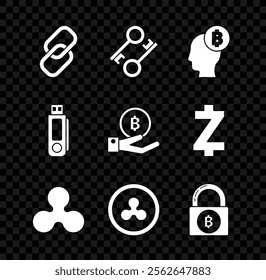 Set Chain link, Cryptocurrency key, Bitcoin think, Ripple XRP, Lock with bitcoin, USB flash drive and Hand holding icon. Vector