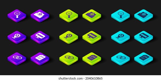 Set Chain link, Document with graph chart, Map pointer star, Social media marketing, Mail and e-mail and Magnifying glass analysis icon. Vector