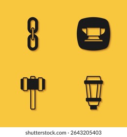 Set Chain link, Garden light lamp, Sledgehammer and Blacksmith anvil tool icon with long shadow. Vector