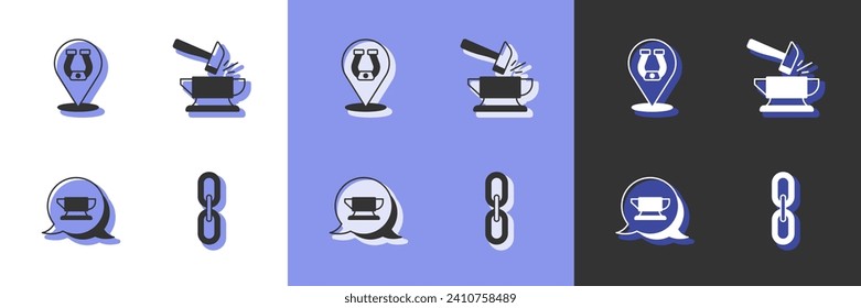 Set Chain link, Horseshoe, Blacksmith anvil tool and Anvil and hammer icon. Vector