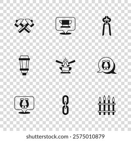 Set Chain link, Horseshoe, Classic iron fence, Anvil and hammer, Blacksmith pliers tool, Crossed, anvil and Garden light lamp icon. Vector