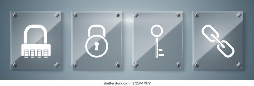 Set Chain link , Key , Lock  and Safe combination lock . Square glass panels. Vector