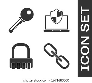 Set Chain link , Key , Safe combination lock  and Laptop protected with shield icon. Vector