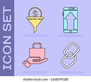 Set Chain link, Lead management, Hand and paper shopping bag and Smartphone, mobile phone icon. Vector