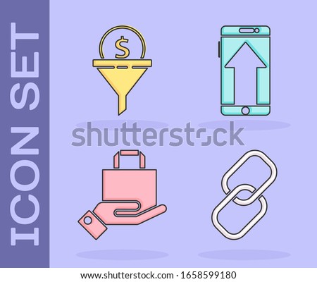 Set Chain link, Lead management, Hand and paper shopping bag and Smartphone, mobile phone icon. Vector